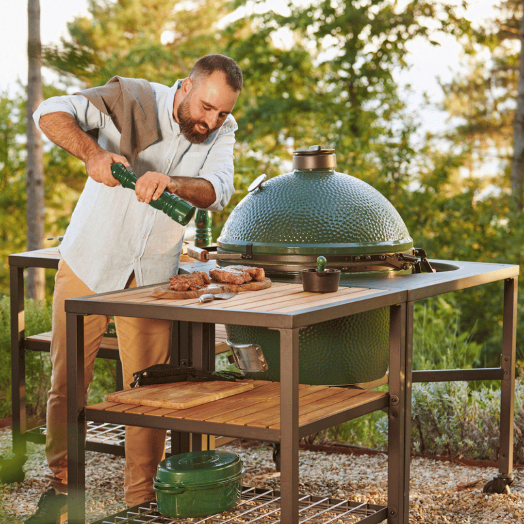 Pack Big Green Egg sur table modulaire et son meuble d'extension