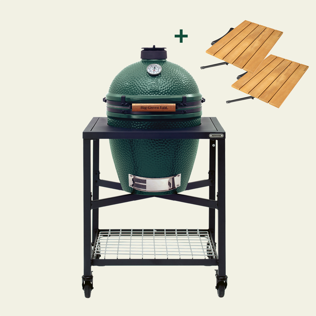 Big Green Egg sur table modulaire avec 2 rallonges bois