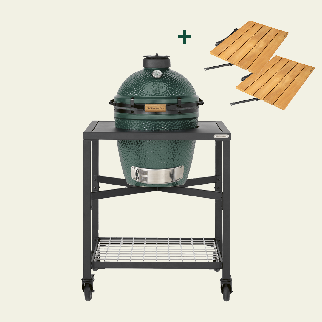 Big Green Egg sur table modulaire avec 2 rallonges bois