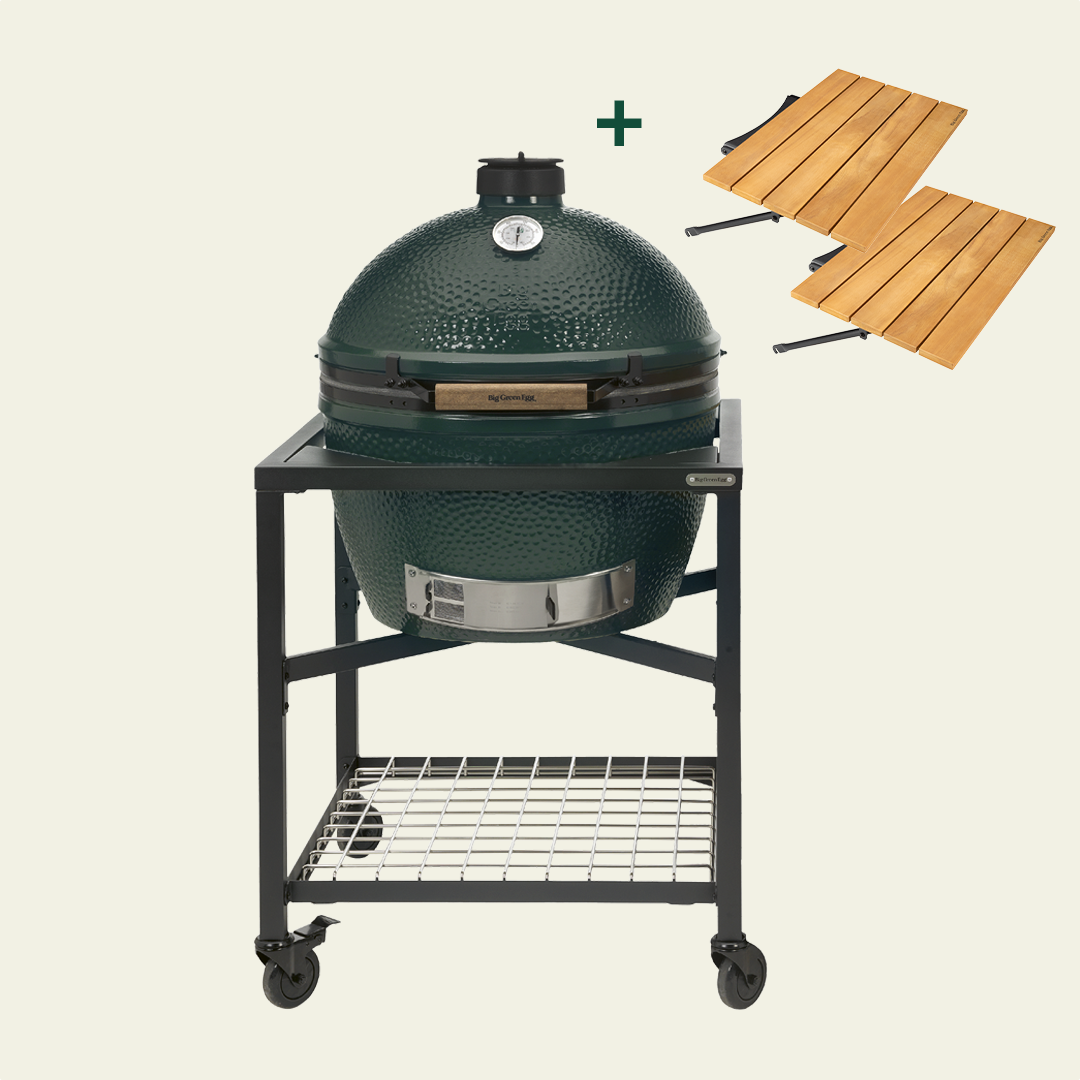 Big Green Egg sur table modulaire avec 2 rallonges bois
