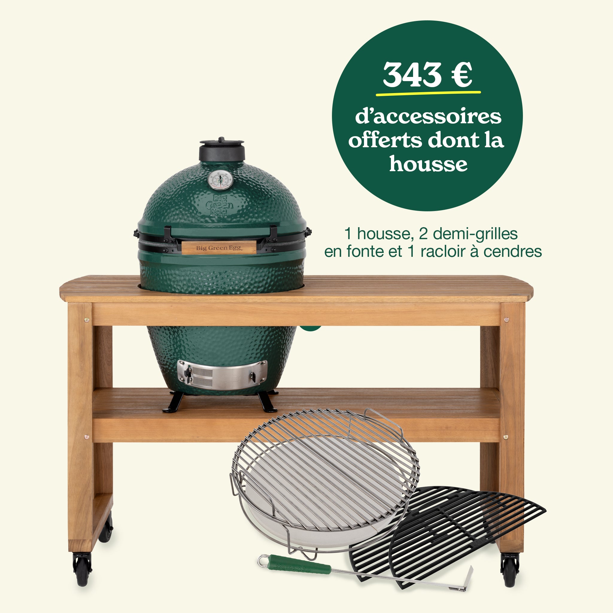 PROMO - Big Green Egg LARGE sur table eucalyptus